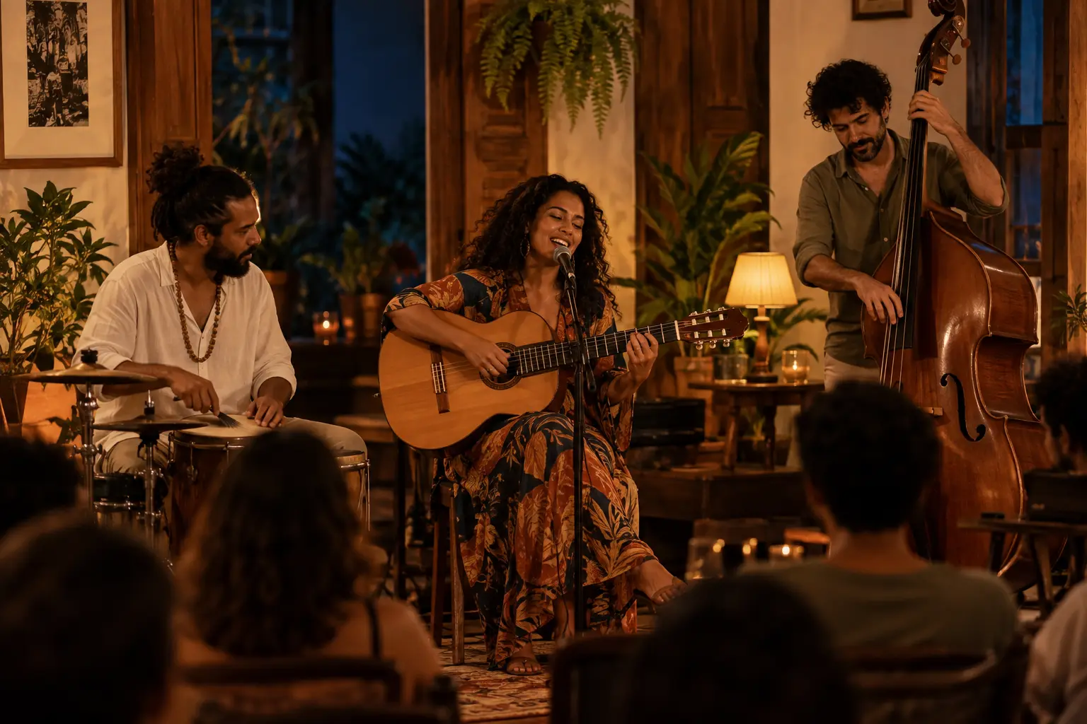 Trio acústico demonstrativo em apresentação ao vivo