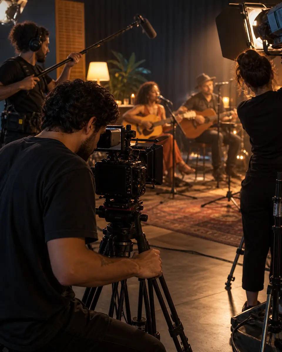 Bastidores e operação de câmera em filmagem de evento