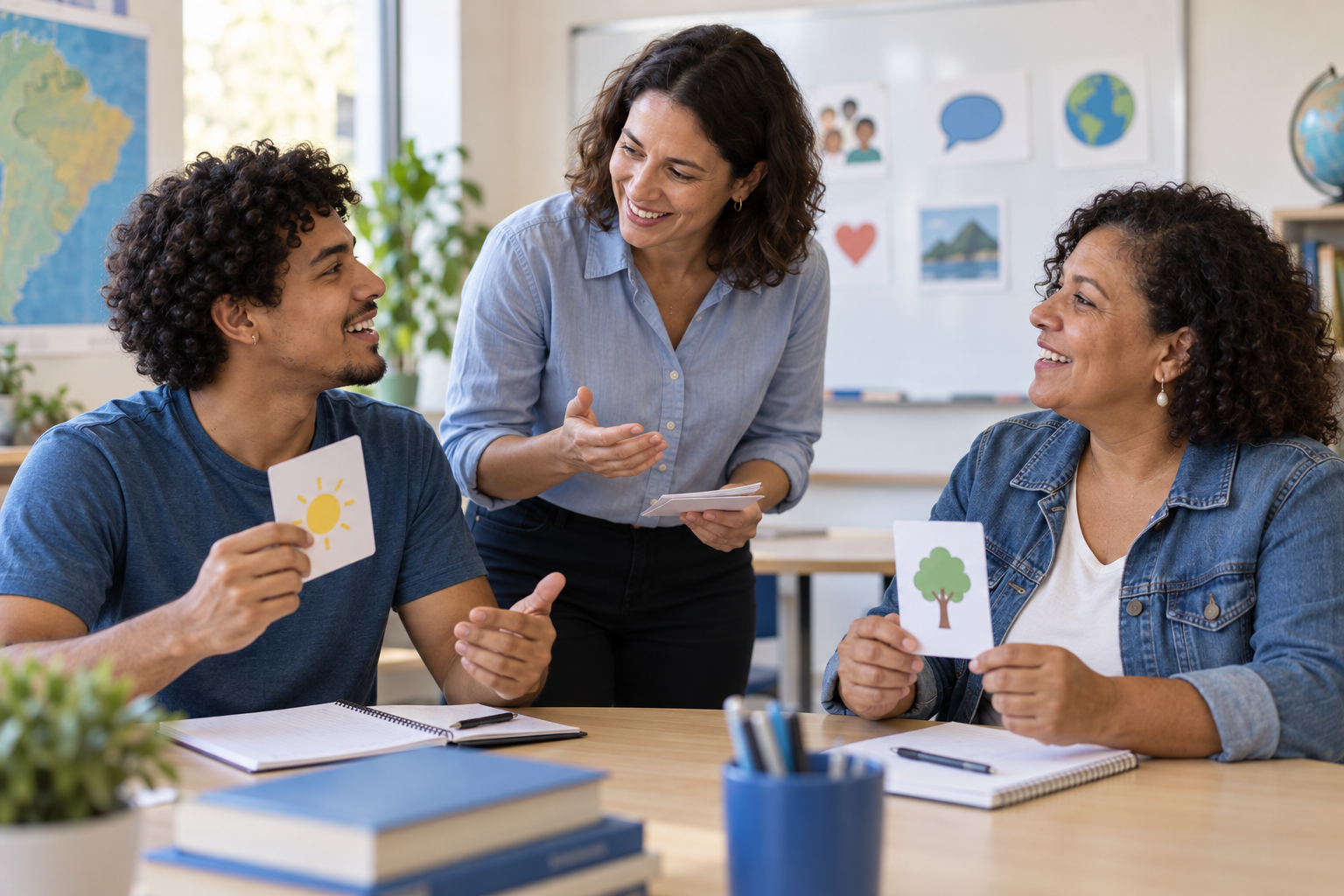 Jovens e adultos praticando conversação em aula de inglês