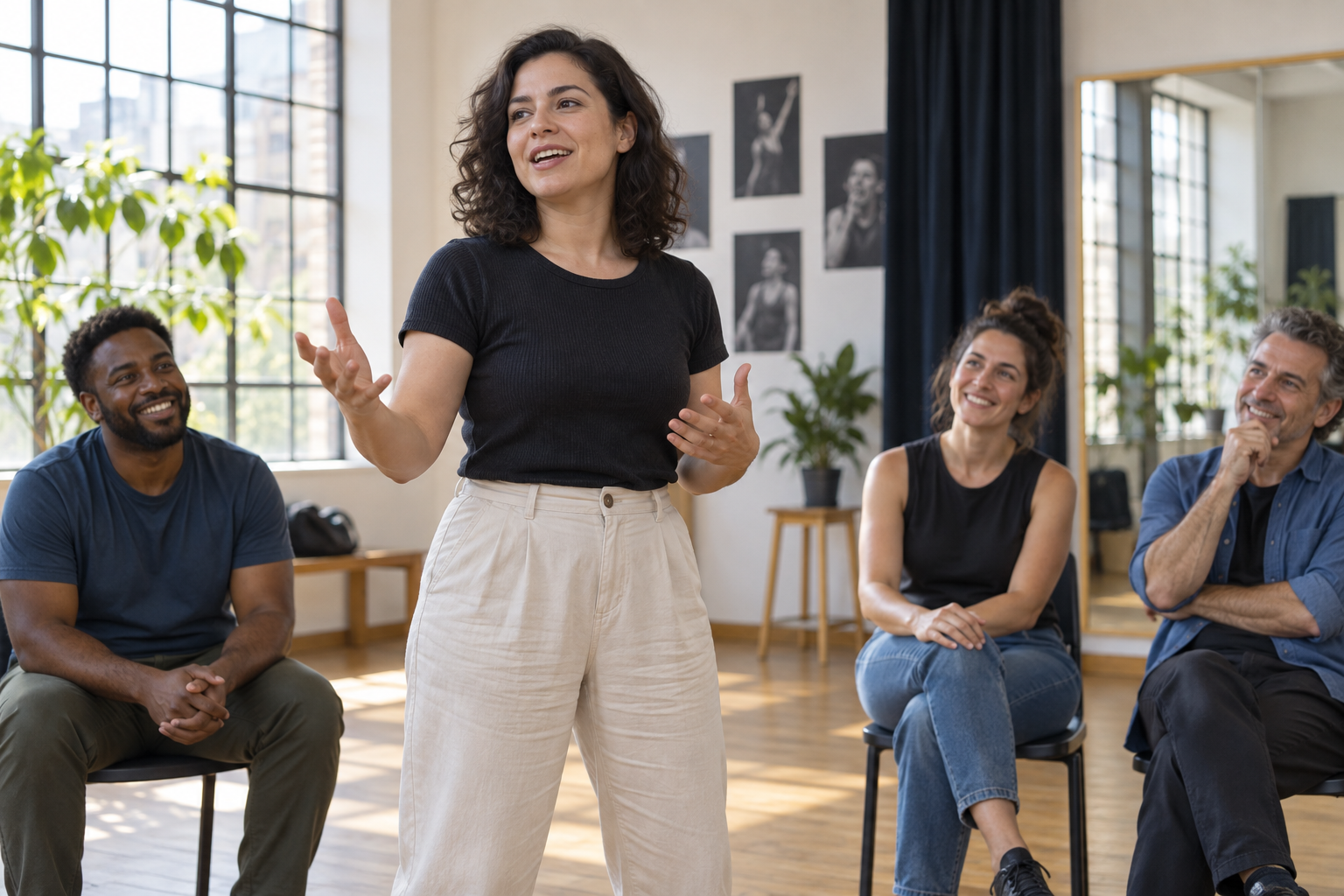 Mulher praticando oratória e expressão corporal em oficina de teatro