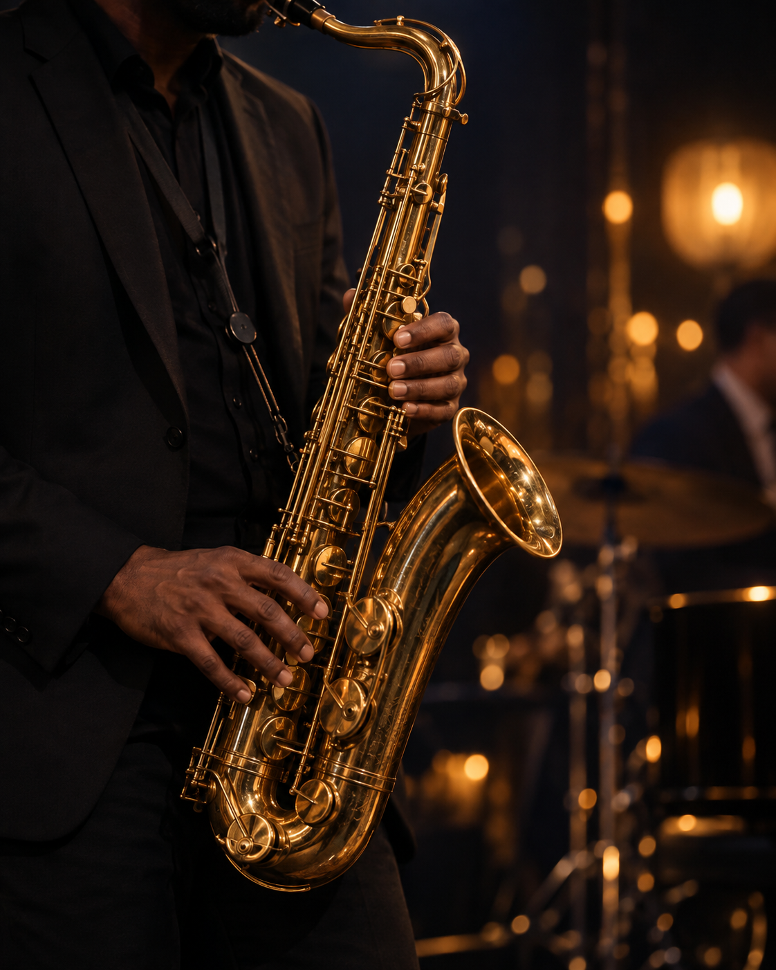 Saxofonista em apresentação demonstrativa ao vivo