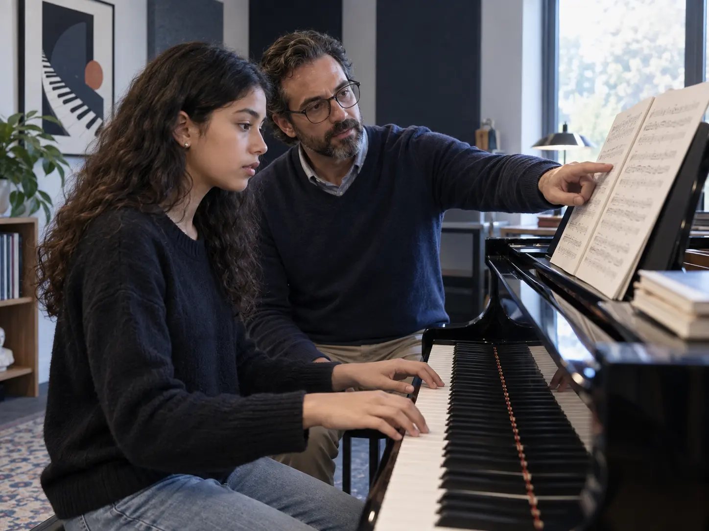Aula individual de piano demonstrativa com acompanhamento do professor