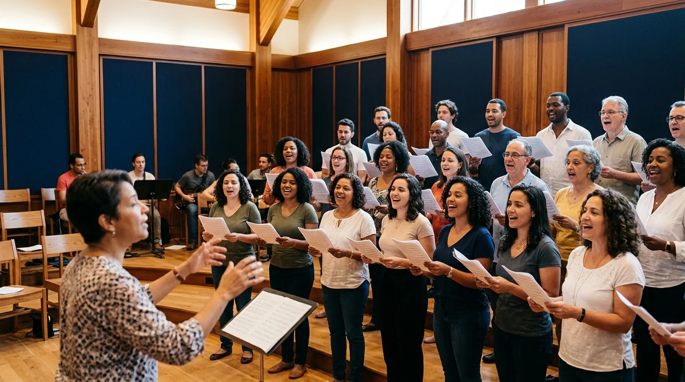 Coral comunitário demonstrativo em ensaio vocal